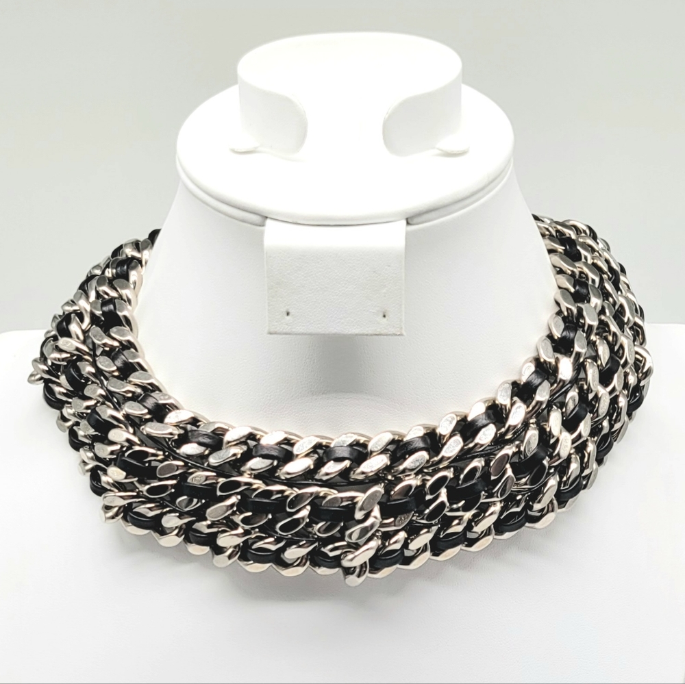 Yves Saint Laurent HEAVY Triple Curb Chain Statement Necklace w Leather Inlay